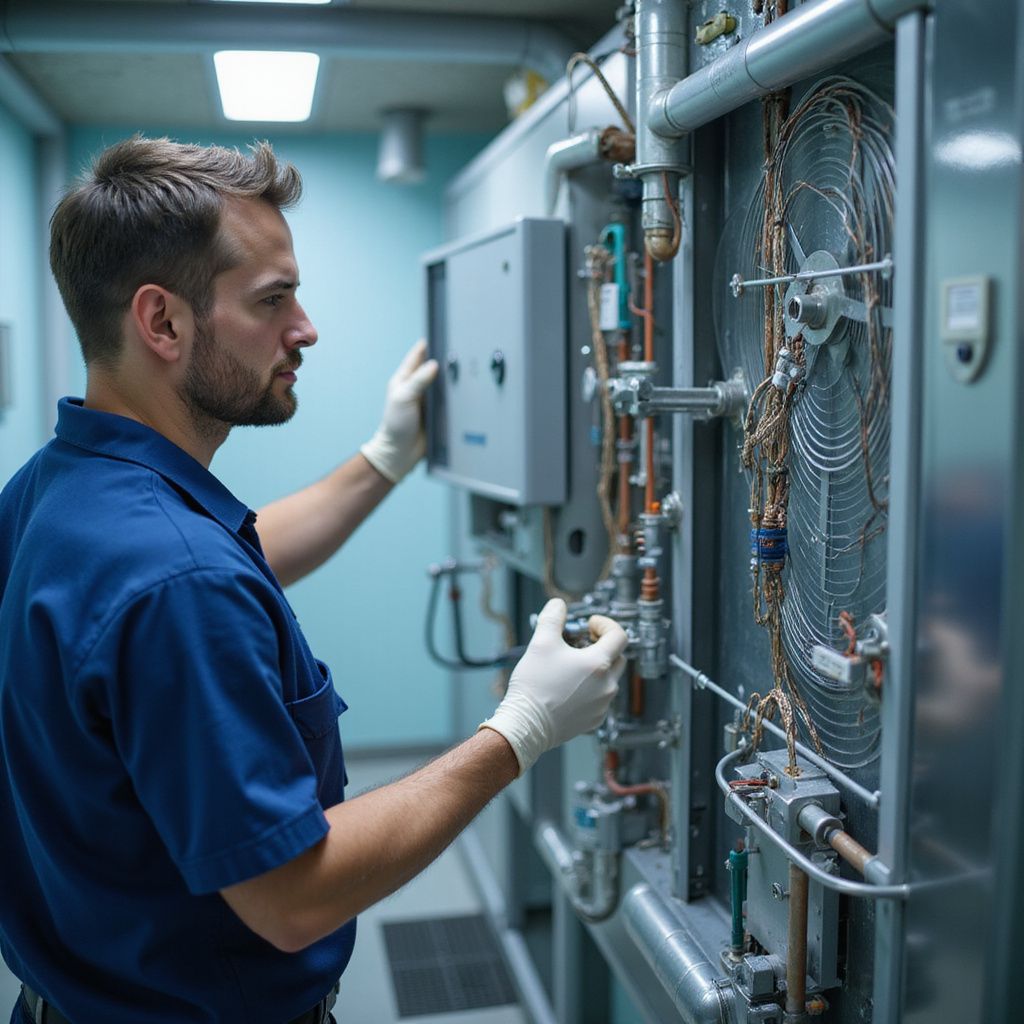 Technician in blue shirt and gloves inspecting machinery with copper pipes in a service room.