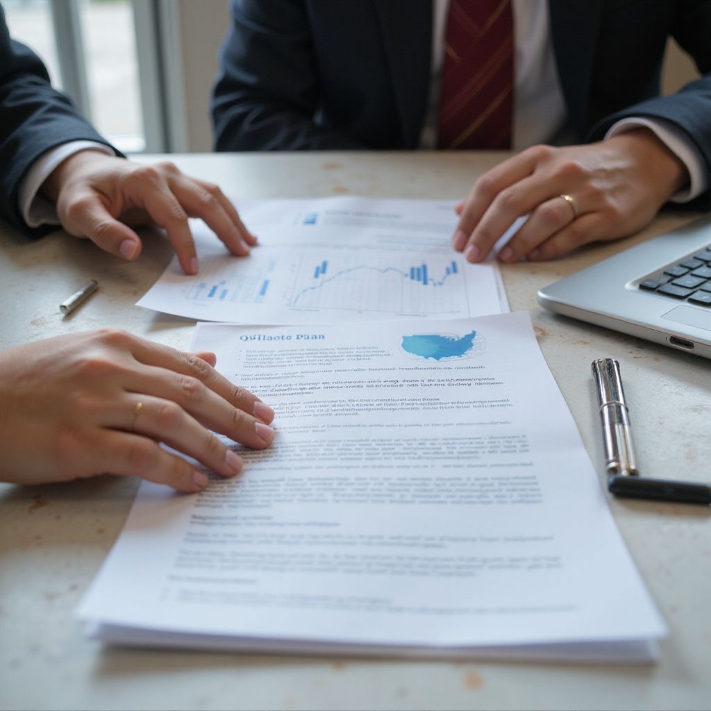 Two people in suits reviewing documents at a table; one is pointing.