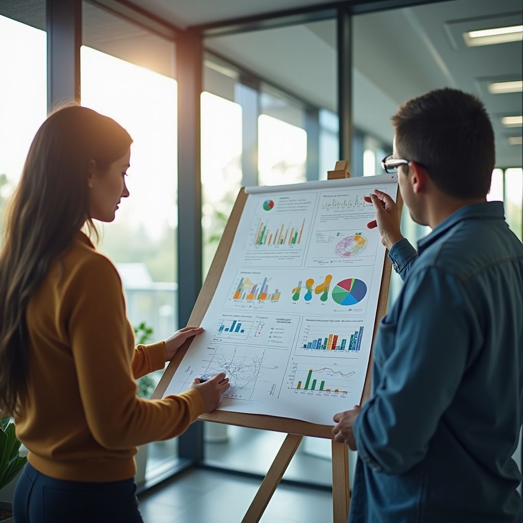 Two people, standing near a whiteboard with charts, discussing data in a sunlit office.