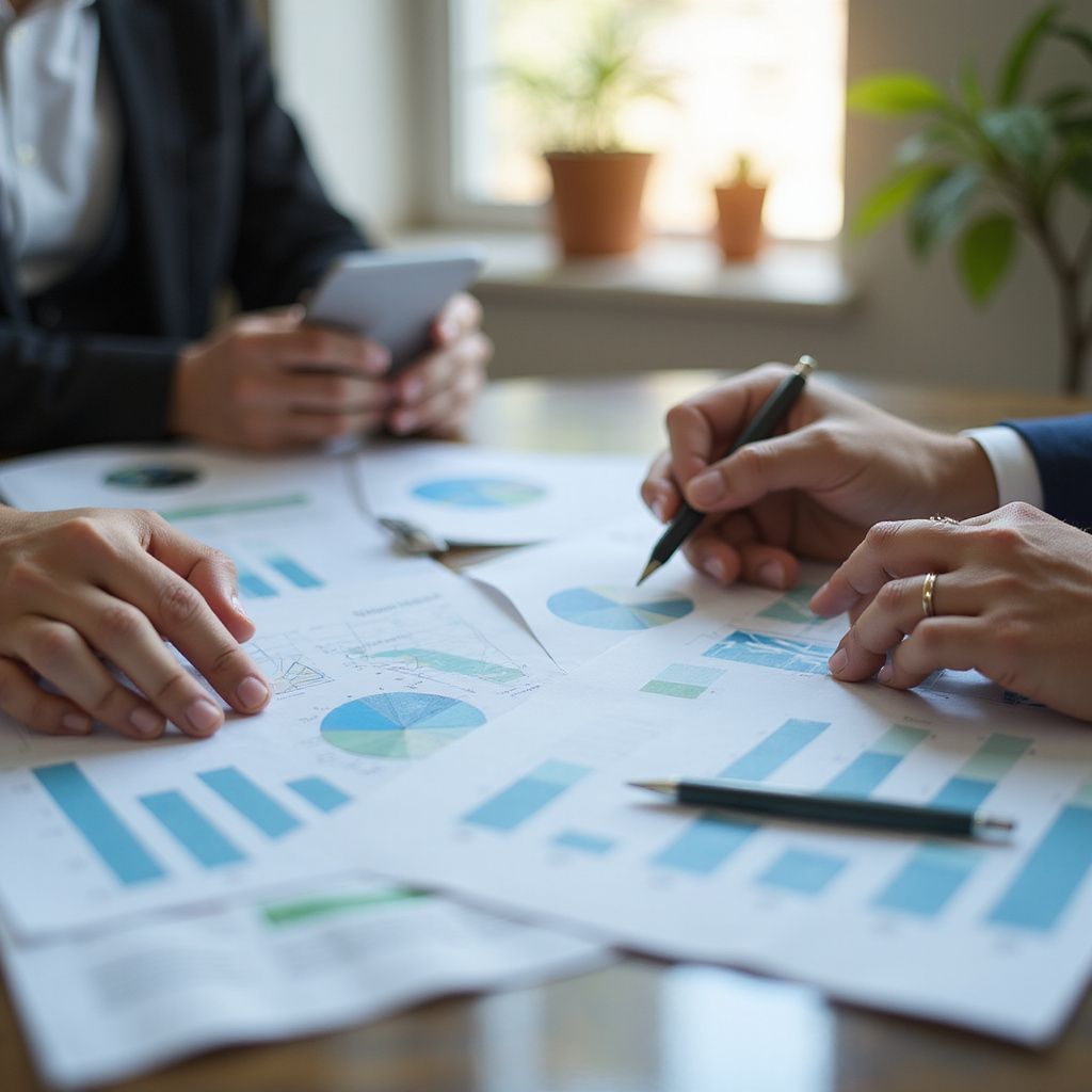 People in business suits reviewing financial charts and graphs at a table.