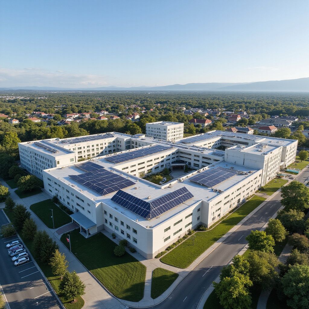 Aerial view of a light-colored, multi-story building with solar panels on the roof, surrounded by trees and a clear sky.