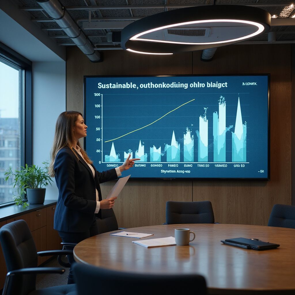 Woman presenting a graph on a screen in a boardroom, holding papers, pointing.
