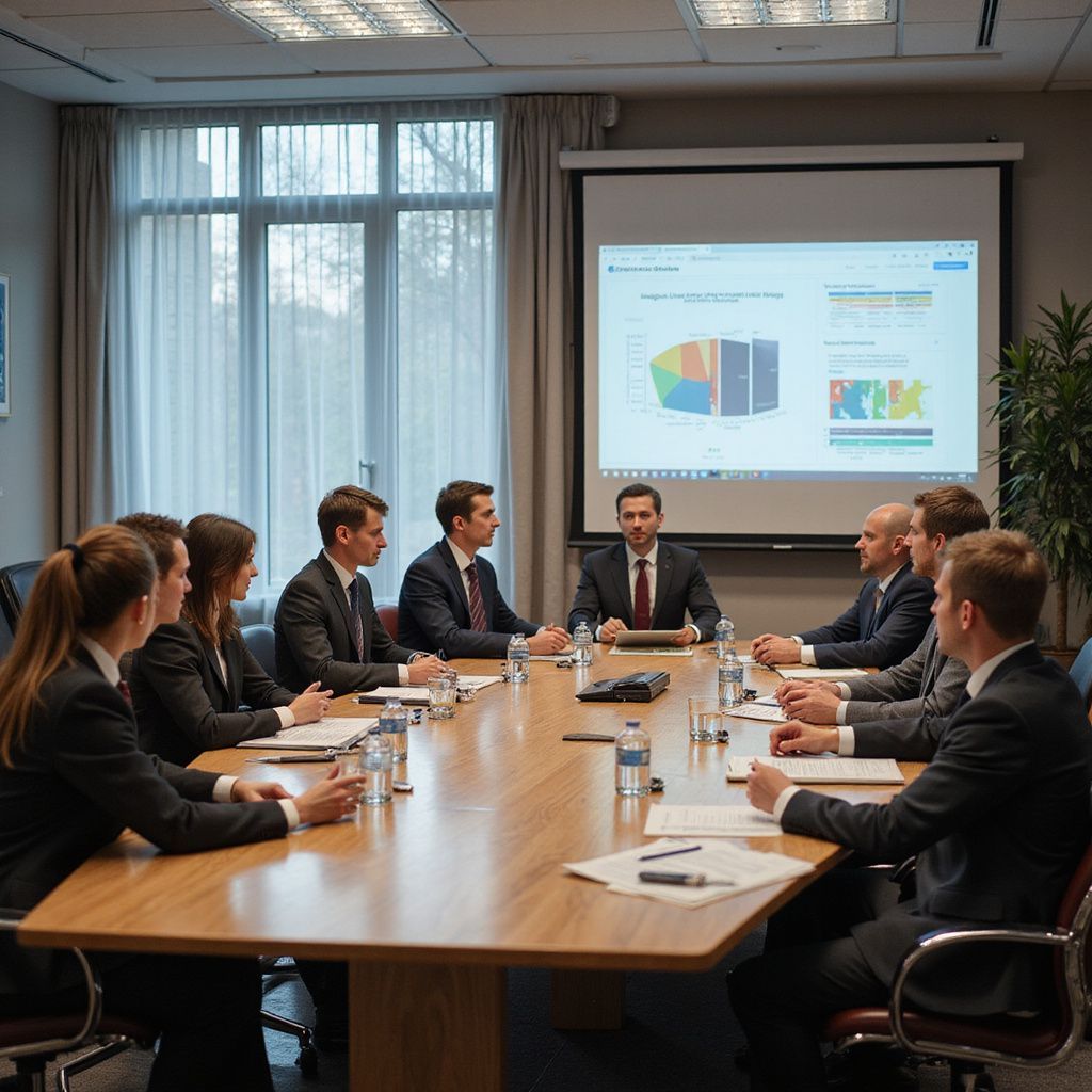 Business meeting around a large table, with a presentation on a screen.