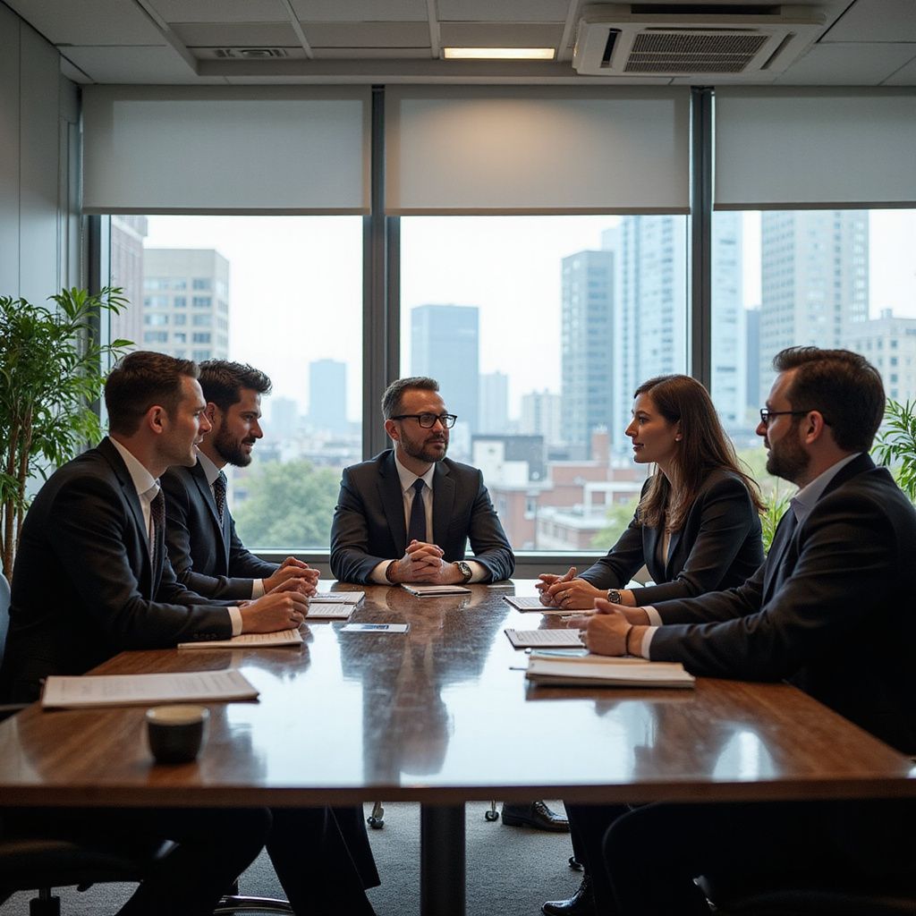 Businesspeople in suits seated around a conference table in an office, discussing documents, cityscape visible outside window.