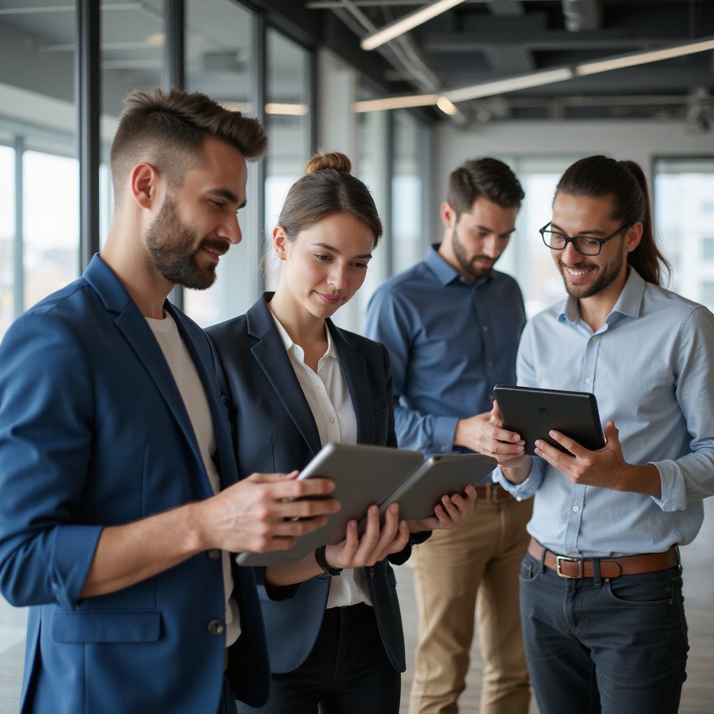 Four coworkers in an office looking at tablets. Two are in suits, others in button-down shirts, smiling.