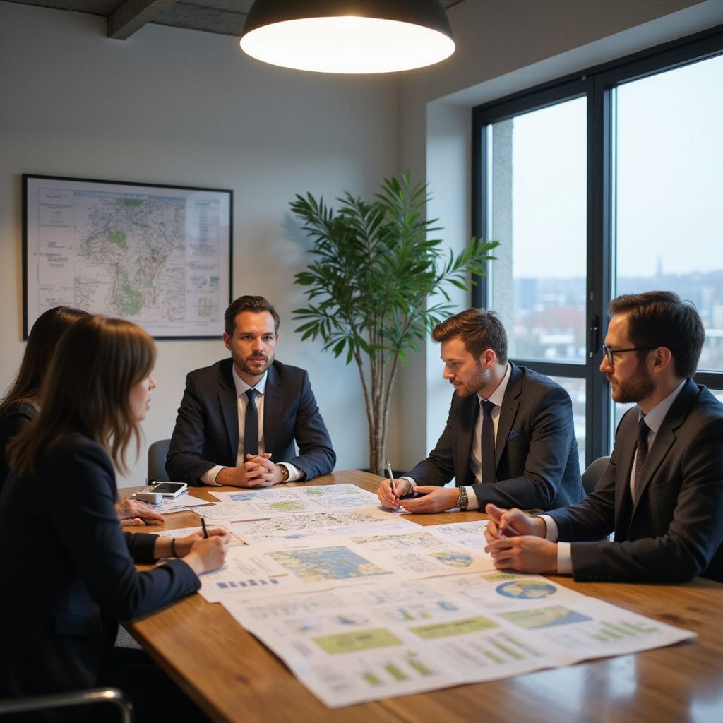 Business team in suits reviewing charts around a table in an office.