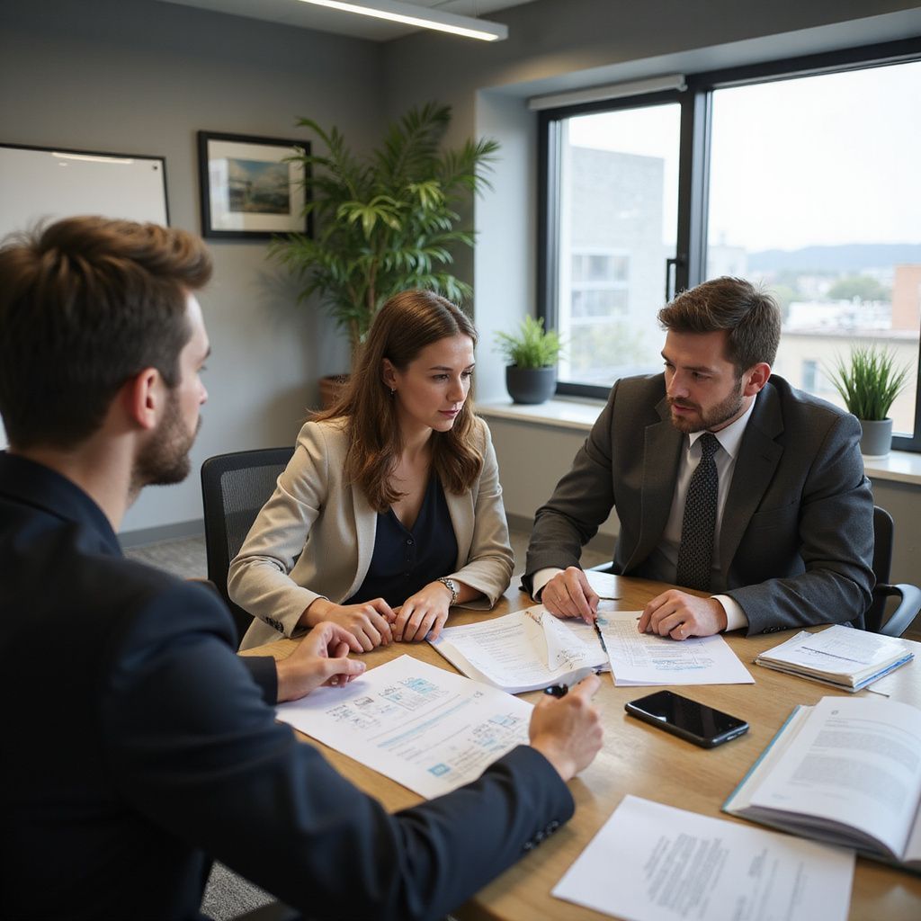 Three people in suits at a table reviewing documents, discussing a plan, and working together.