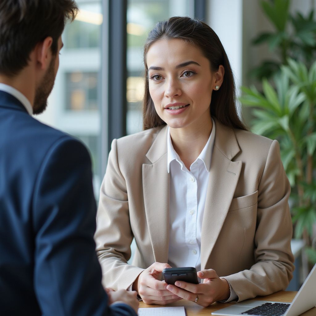 Woman in tan blazer holds phone, speaking to a person in a blue suit at a table; indoor setting.