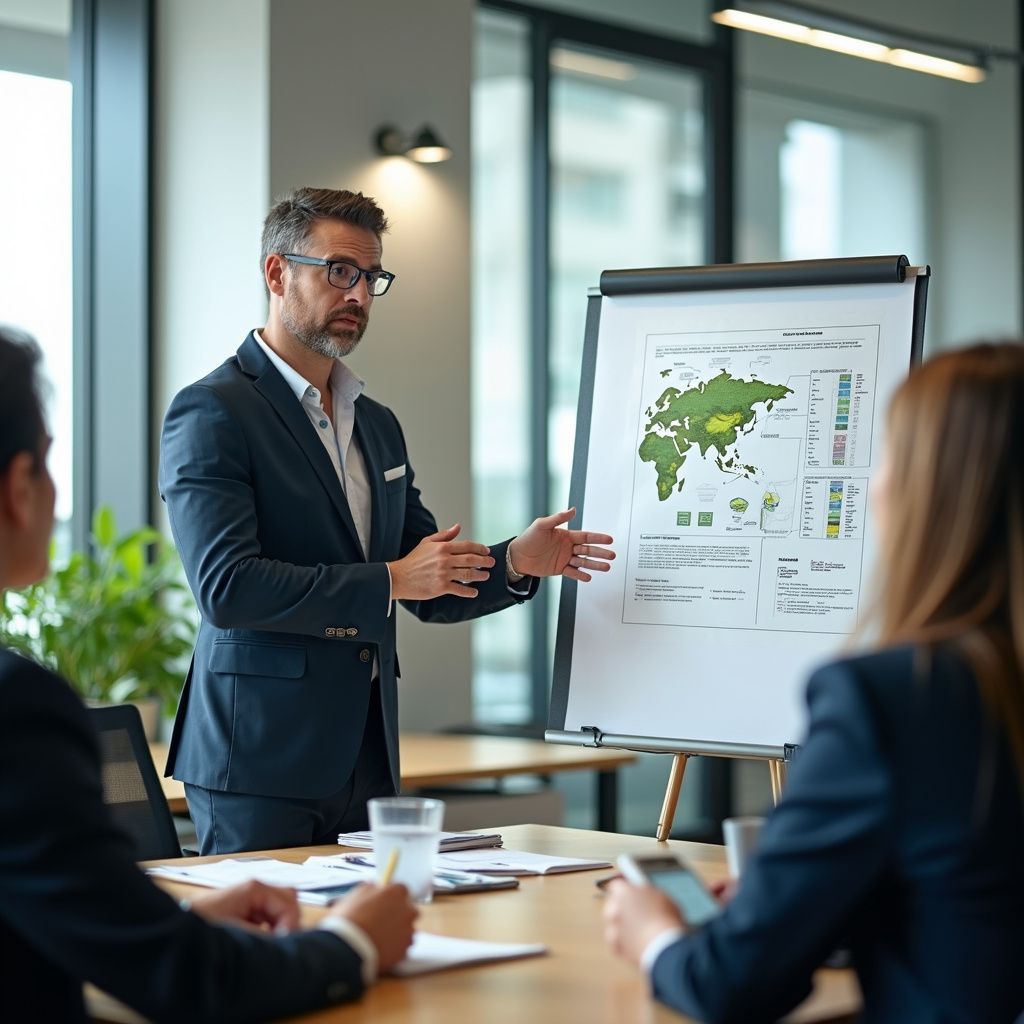 Man presenting data on a flip chart to colleagues in a modern office setting.