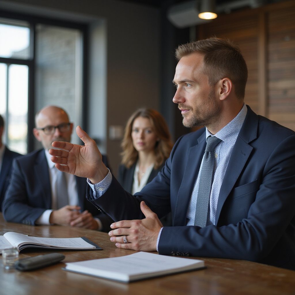 Man in a suit gestures while speaking to colleagues seated around a conference table.