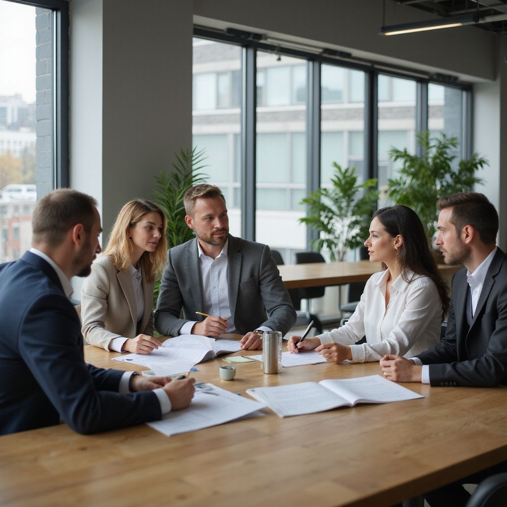 Business team in meeting, discussing documents around a wooden table in a bright office.