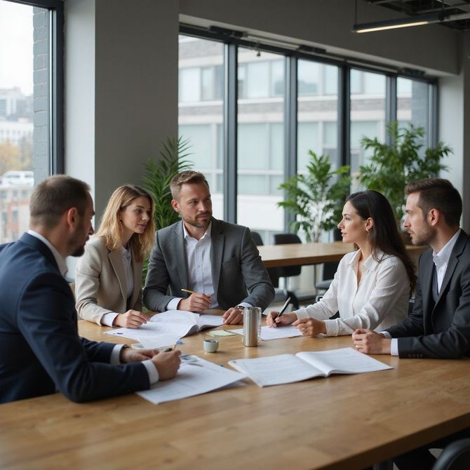 Business team in meeting, discussing documents around a wooden table in a bright office.