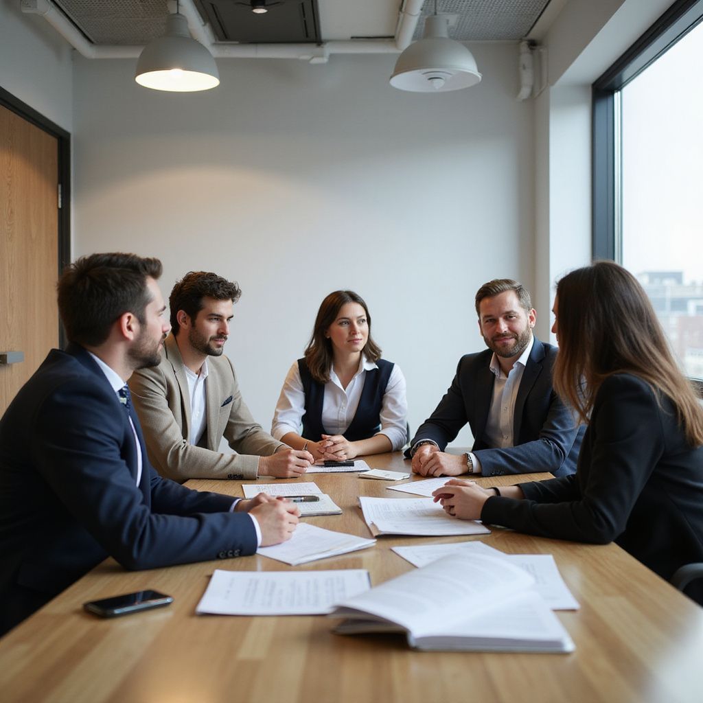 Businesspeople seated around a table, reviewing documents, in a modern office.