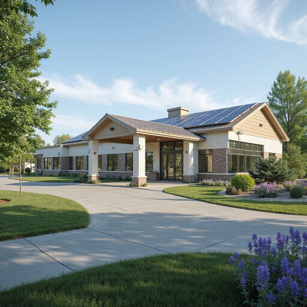 Modern building with solar panels on roof, driveway, and landscaping on sunny day.