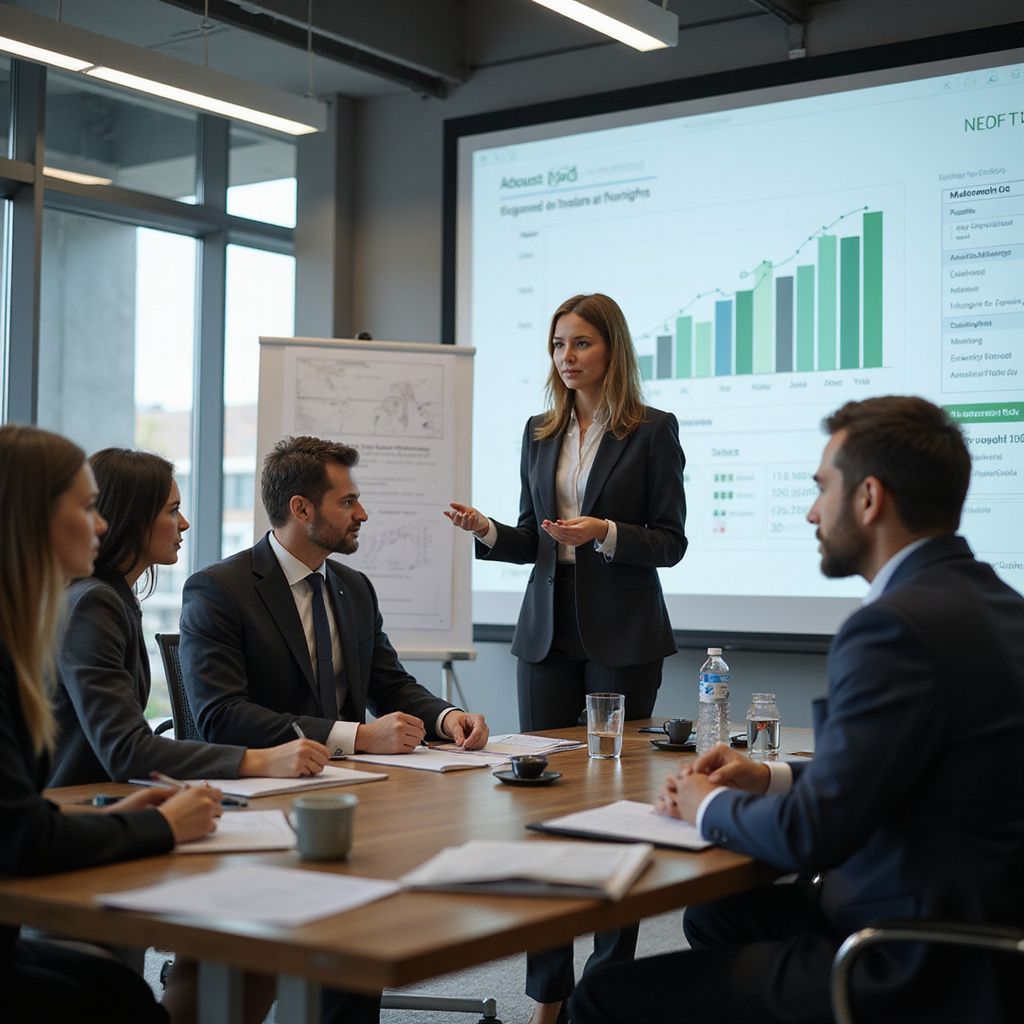 Woman presenting data to colleagues in a business meeting, with graphs on a screen.