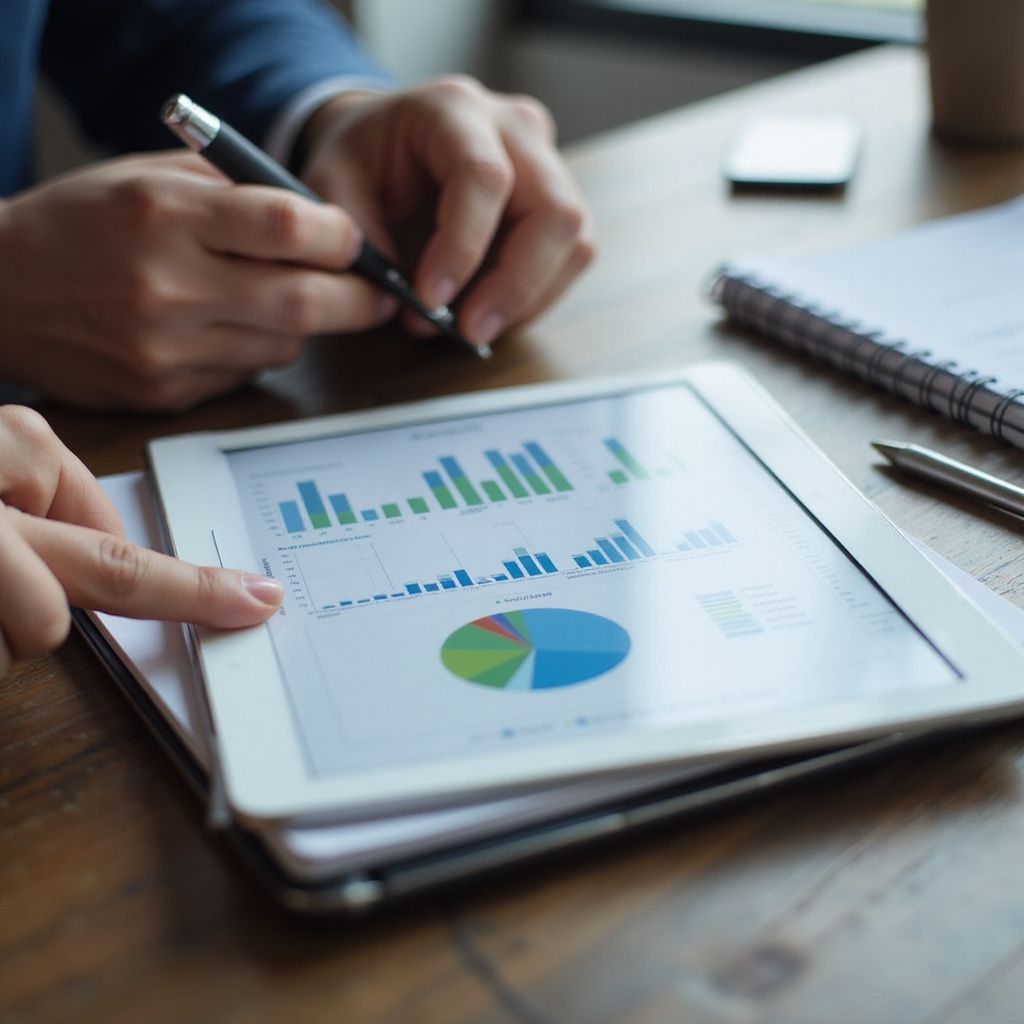 Person pointing at financial charts on a tablet; hands, pen, notebook, and phone visible on a wooden table.