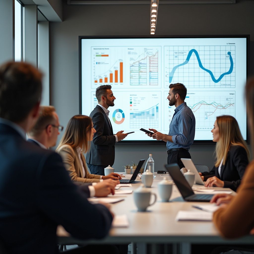 Business meeting: Men present data on screen, others seated at a table with laptops, charts and graphs displayed.