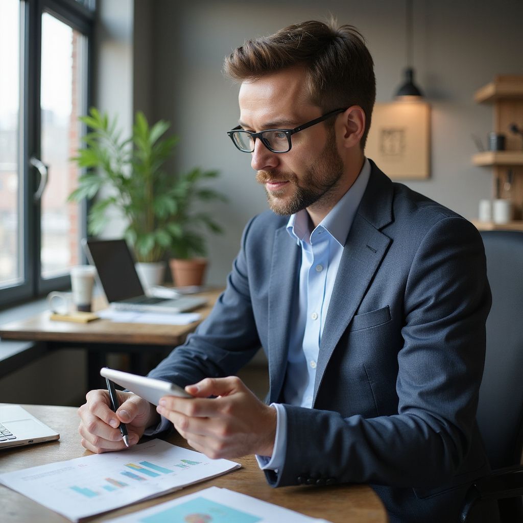 Man in suit and glasses working at a desk, looking at a tablet and paperwork.