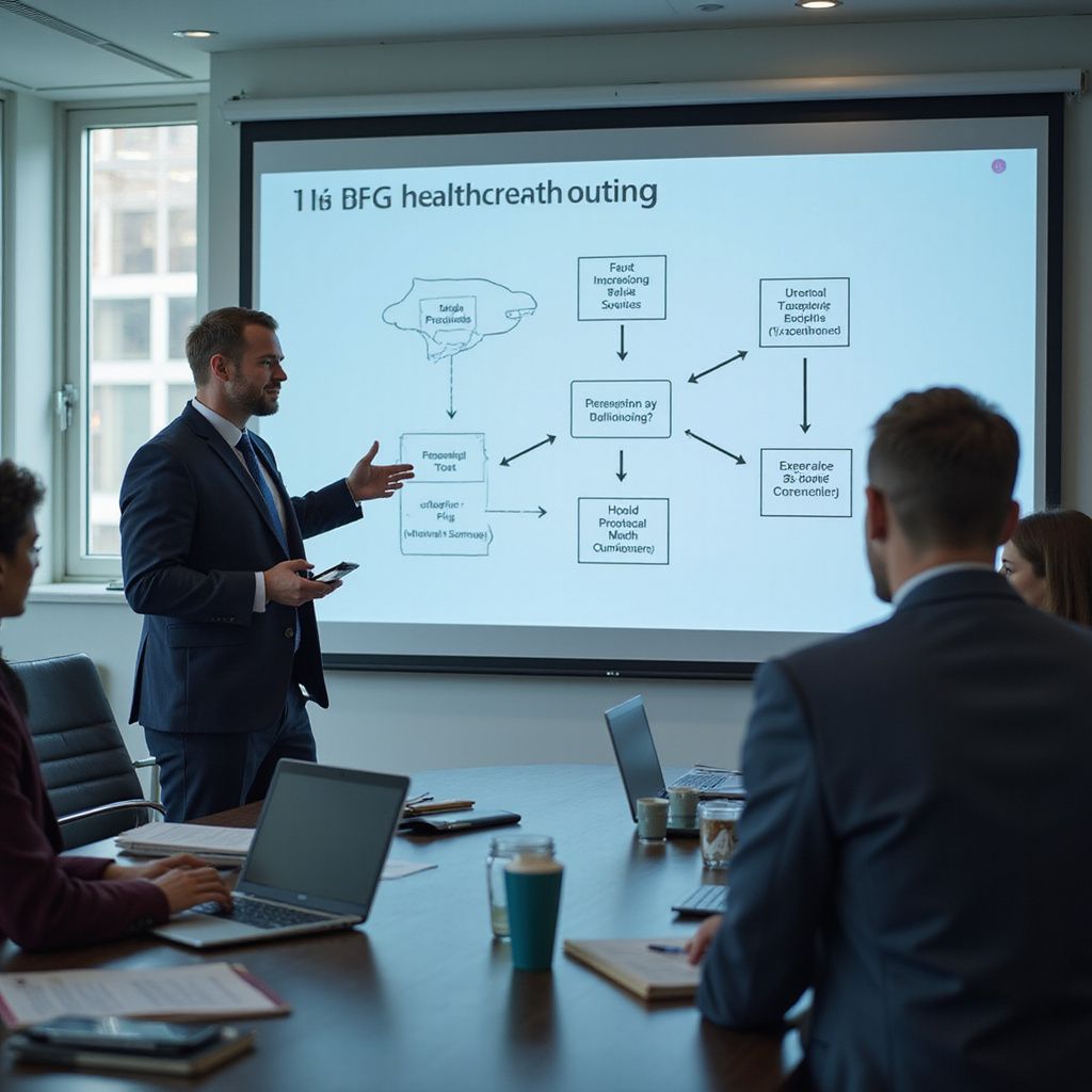 Man giving presentation to colleagues in a conference room, pointing at a projected diagram.