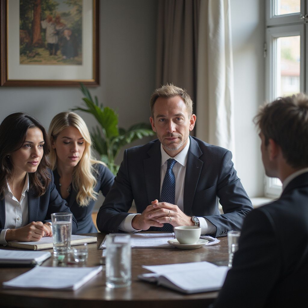 Four people in suits at a table; a meeting. Light from a window, papers, and a coffee cup present.