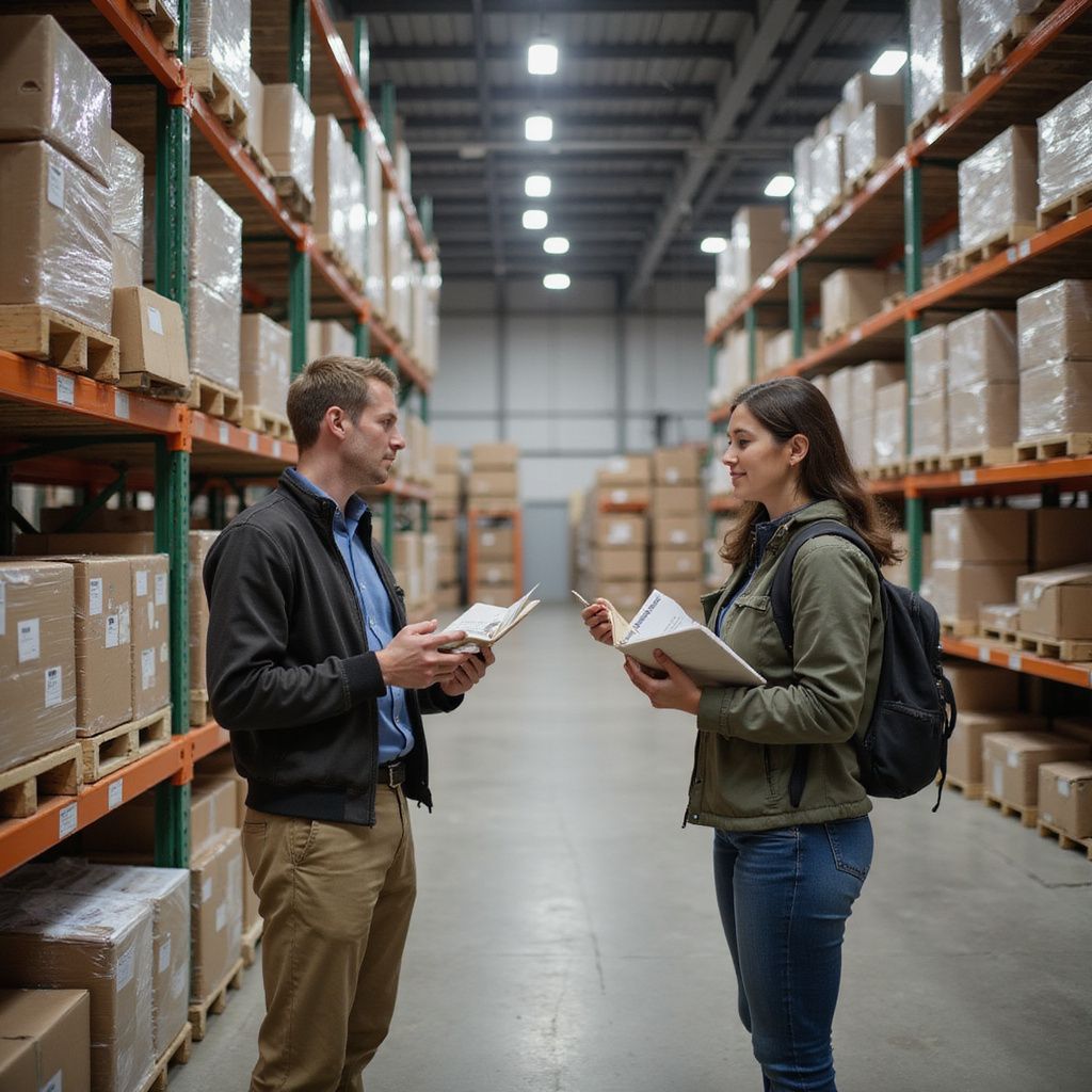 Two people in a warehouse, talking and holding notebooks, surrounded by shelves of boxes.