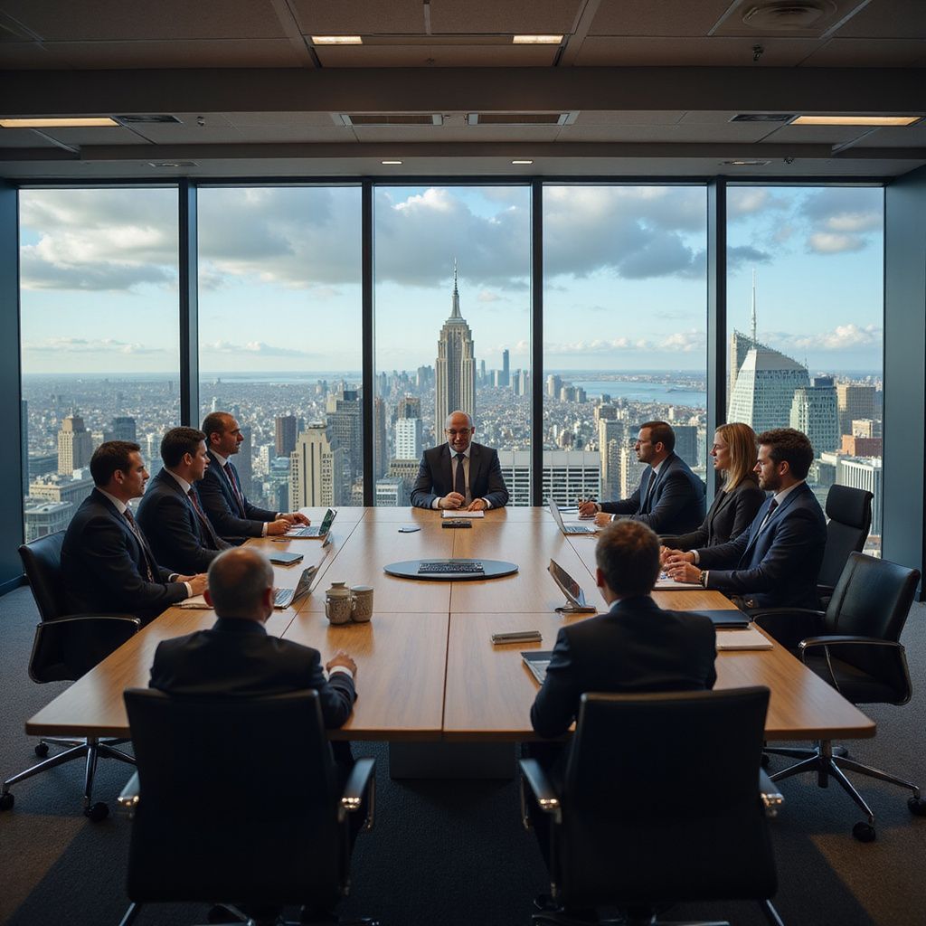 Boardroom meeting with cityscape view: nine people seated around a table, the Empire State Building visible through windows.