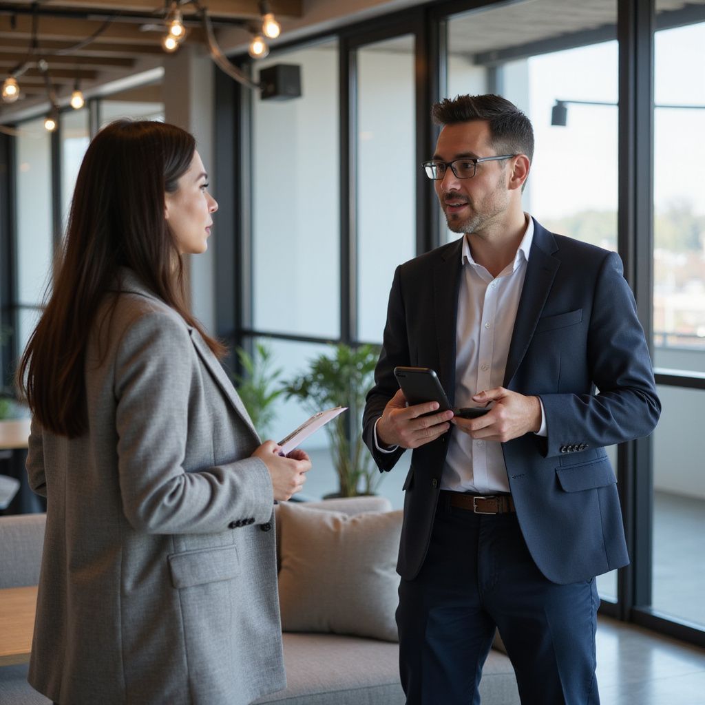 Woman and man in suits conversing in modern office. Man holding phone, woman holding tablet.
