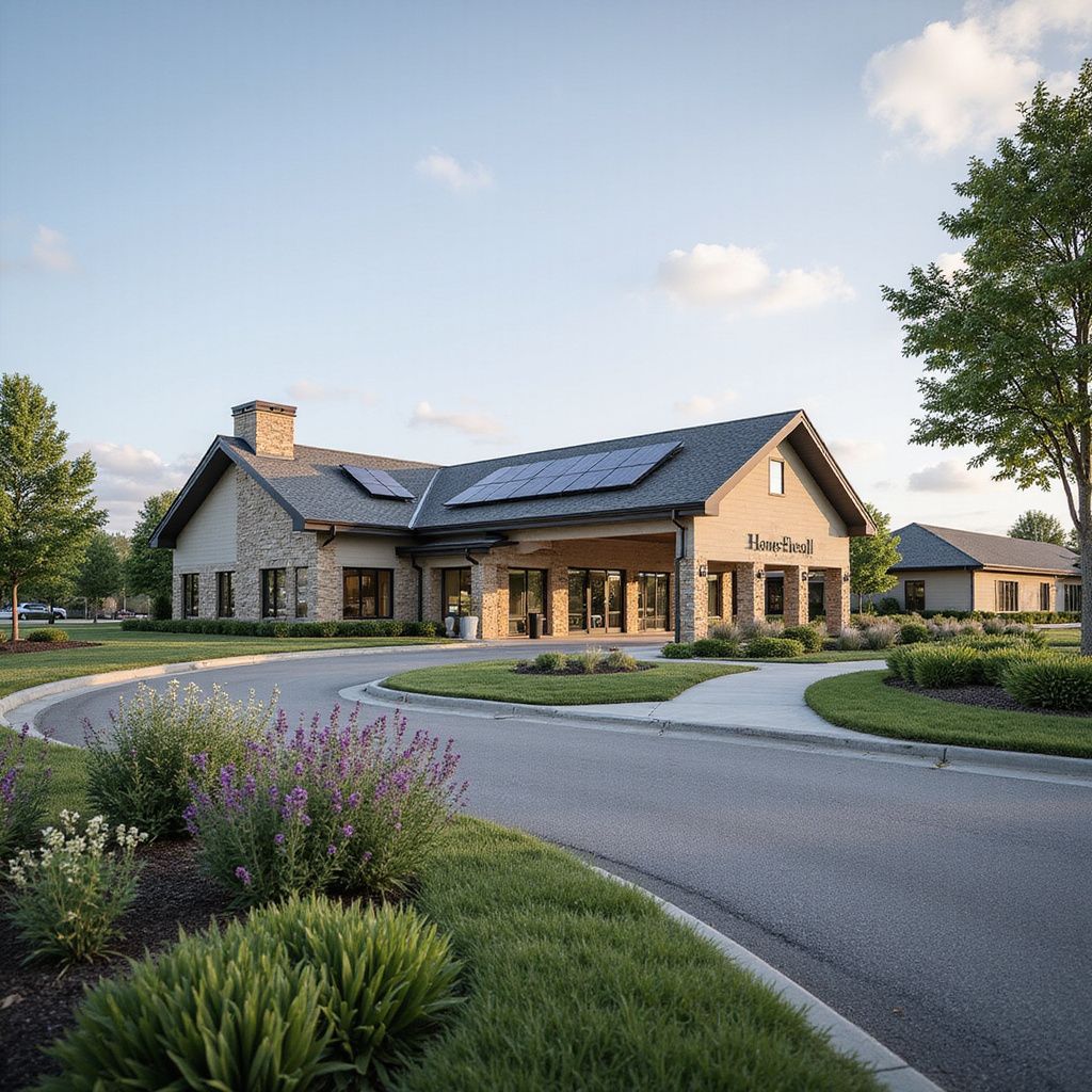 Stone building with solar panels, a curved driveway, and landscaping under a blue sky.