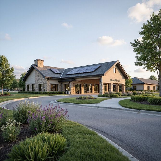 Stone building with solar panels, a curved driveway, and landscaping under a blue sky.