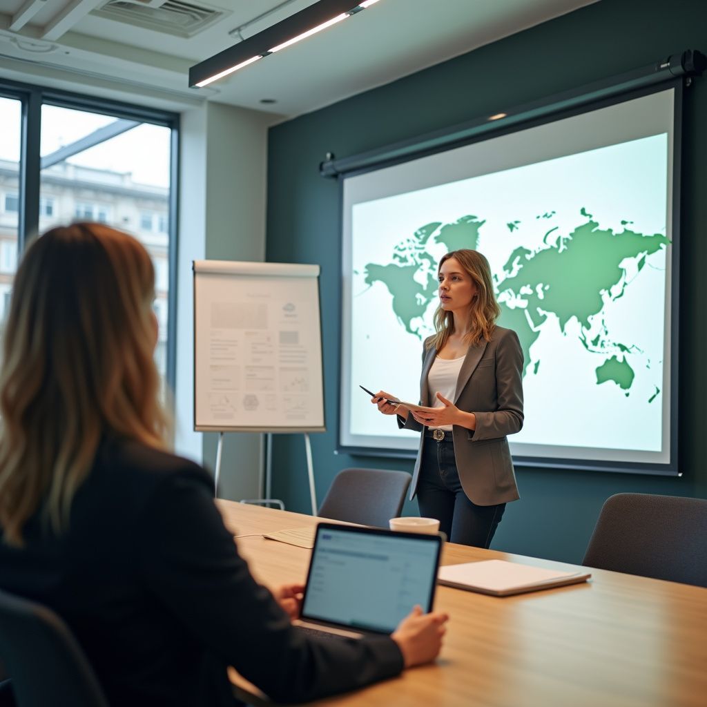 Woman presenting with a world map on a screen. Another woman looks at a laptop at a conference table.