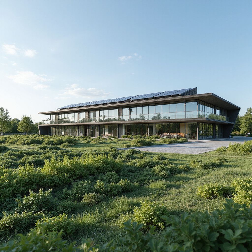 Modern glass and concrete building with solar panels, set in a field of shrubs under a blue sky.