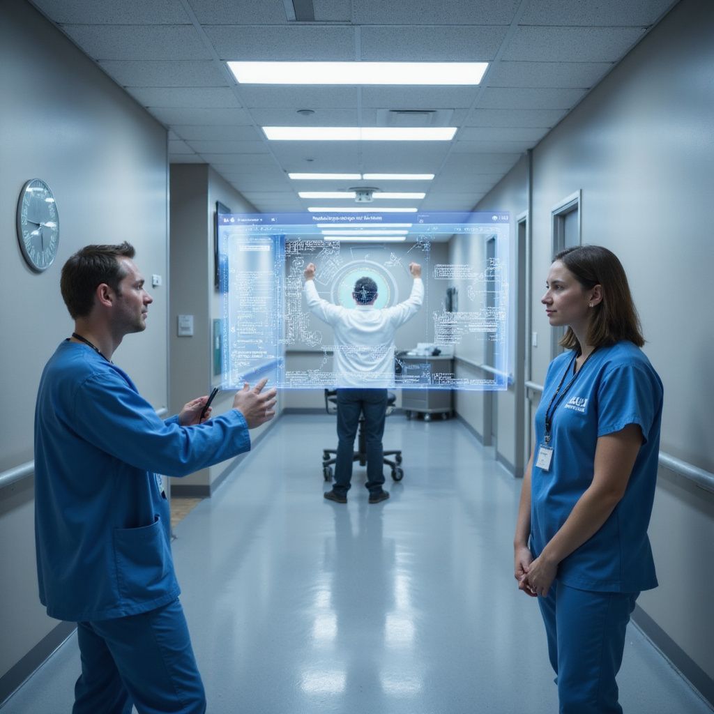 Two medical professionals in blue scrubs examine a holographic display hovering around a patient in a hospital hallway.