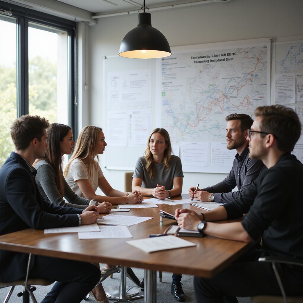 People at a table in a meeting, papers in front of them, windows and whiteboards in the background.