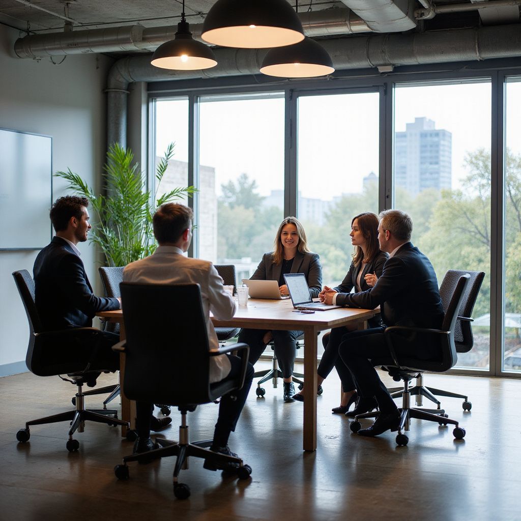 People in business attire seated around a table, laptop computers present, meeting in a modern office with large windows.