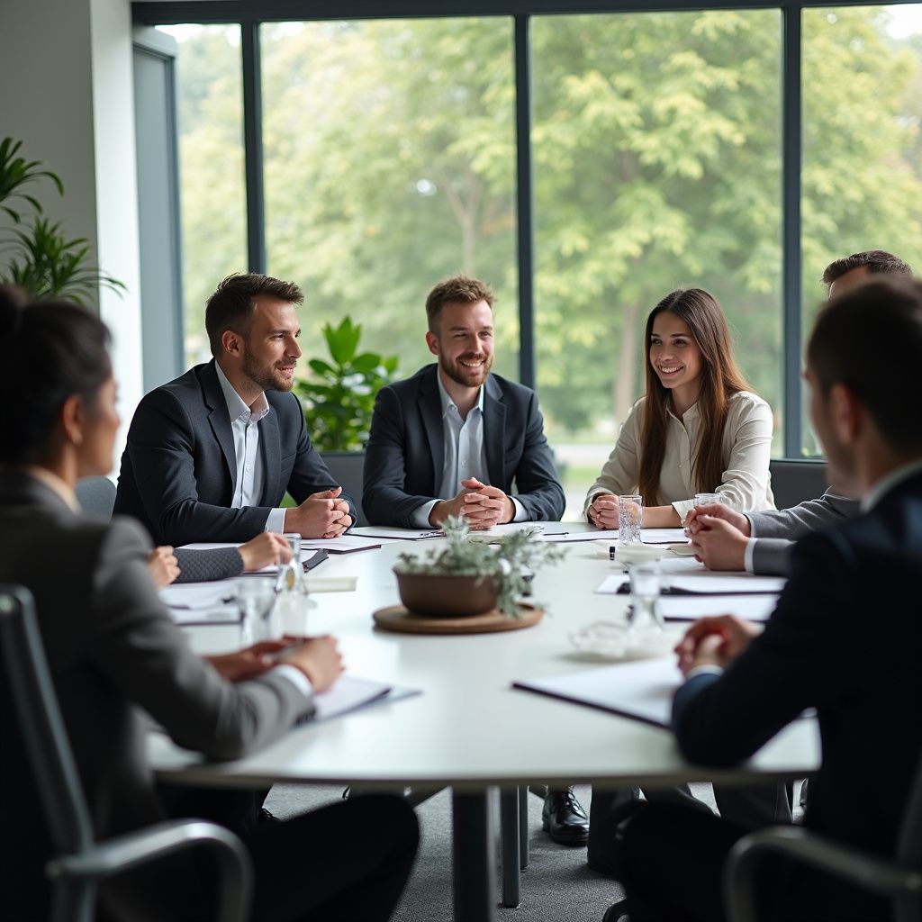 Business people in suits sitting around a conference table in a modern office, engaged in a meeting.