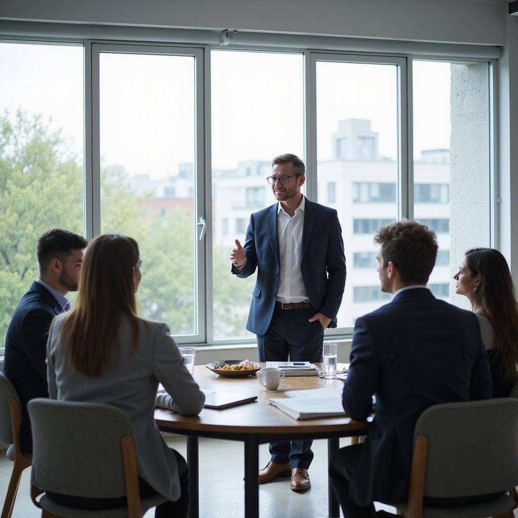 A man in a suit gestures during a meeting at a round table with four colleagues, in a well-lit office.
