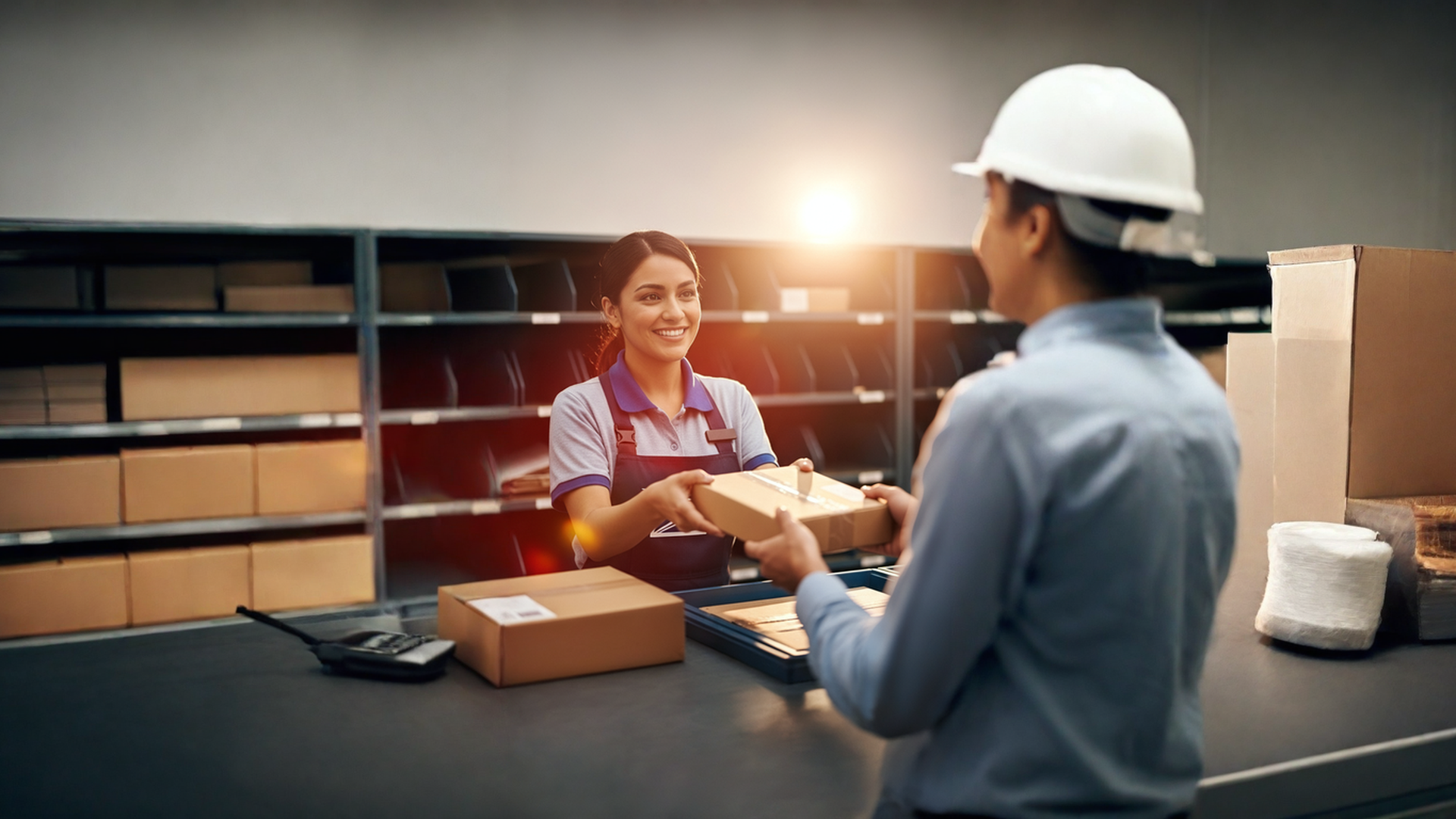 A woman is giving a box to a man in a warehouse.
