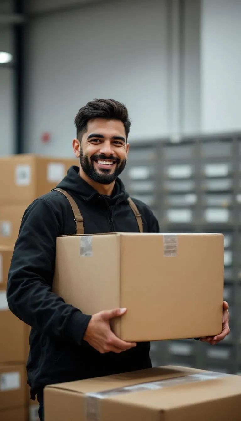 A man is holding a cardboard box in a warehouse.