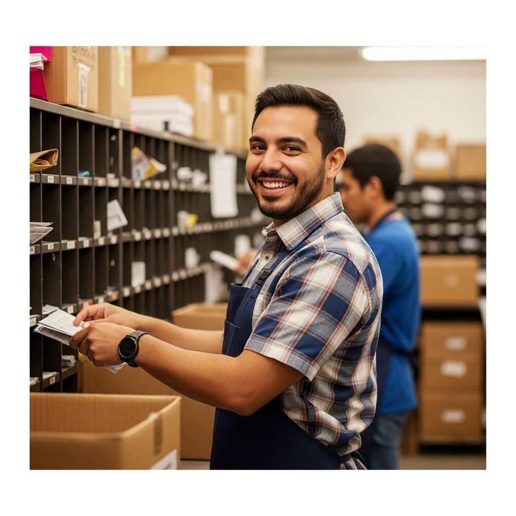 A man is smiling while working in a warehouse.