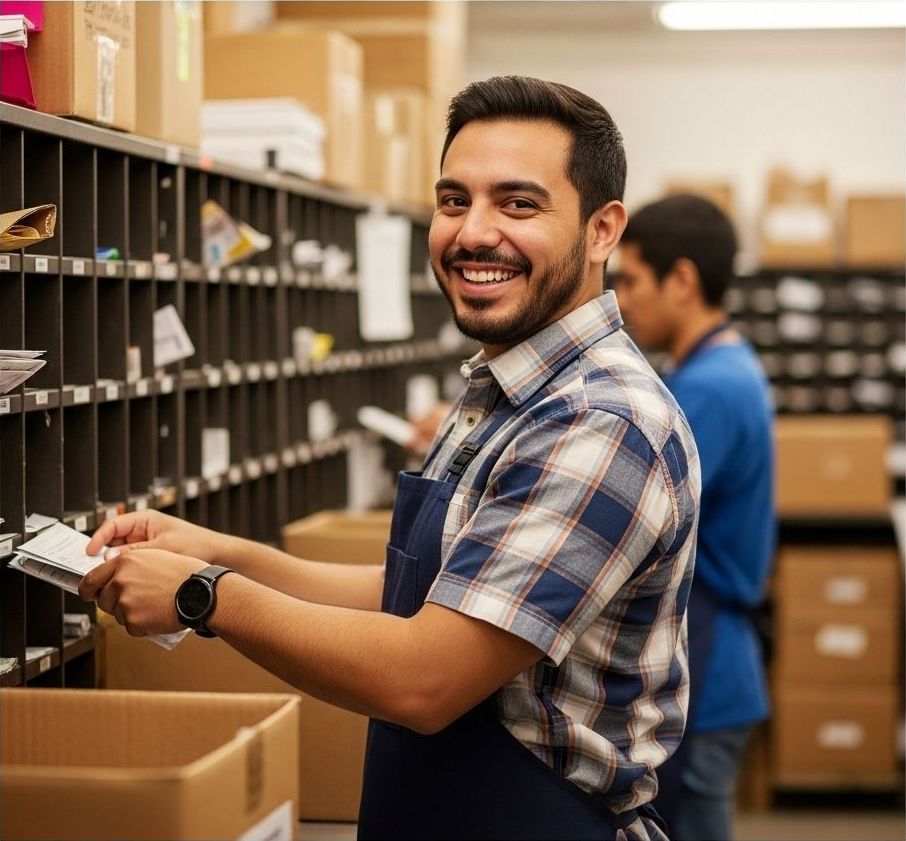 A man in an apron is smiling while working in a post office