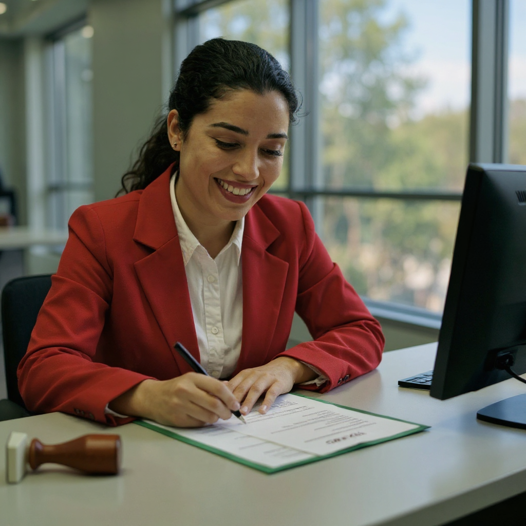 A woman in a red jacket is sitting at a desk writing on a piece of paper.