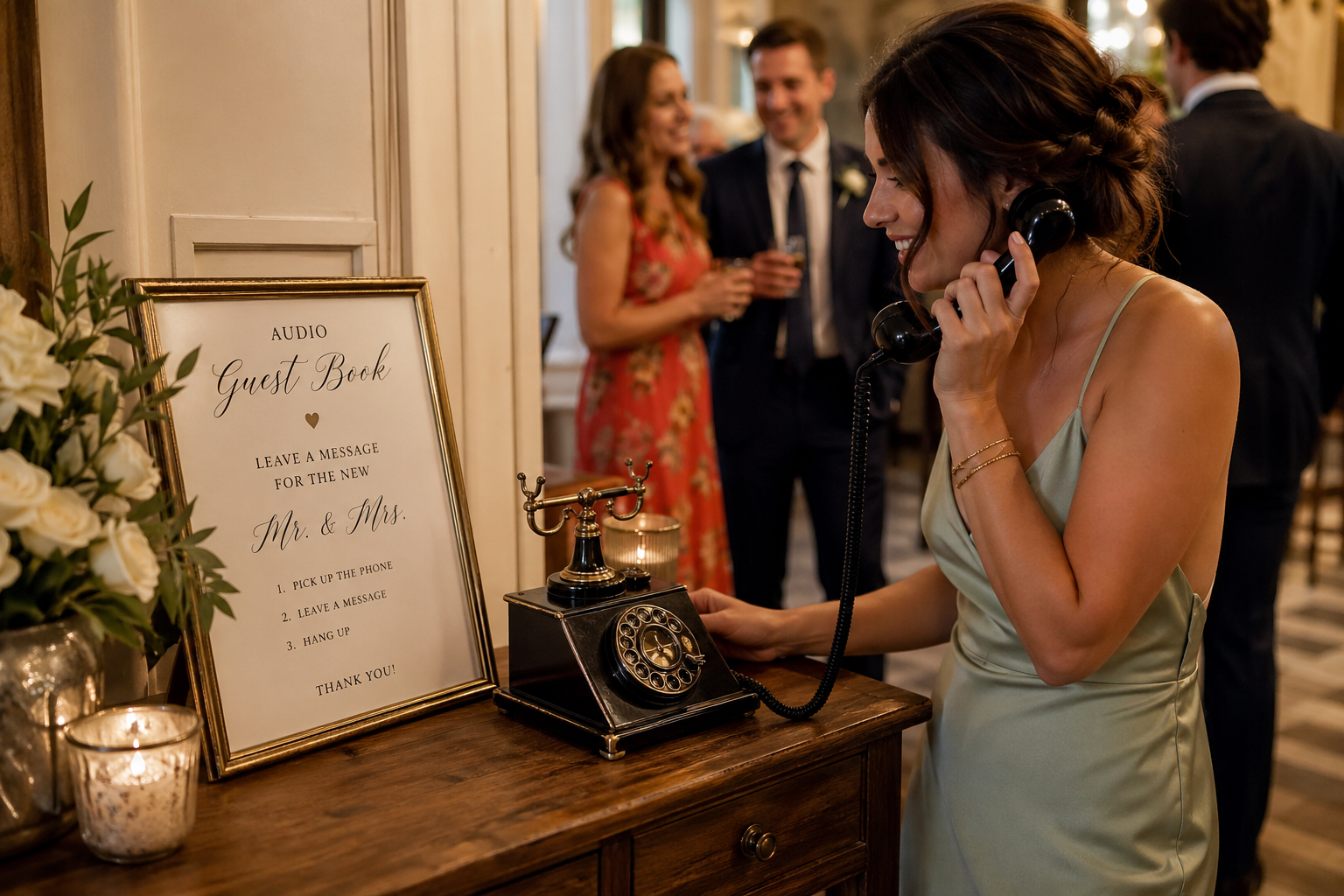 Wedding guest using a vintage telephone audio guest book at an elegant reception, leaving a heartfelt message at the Mic’d Memories station surrounded by candles, florals, and personalized signage.