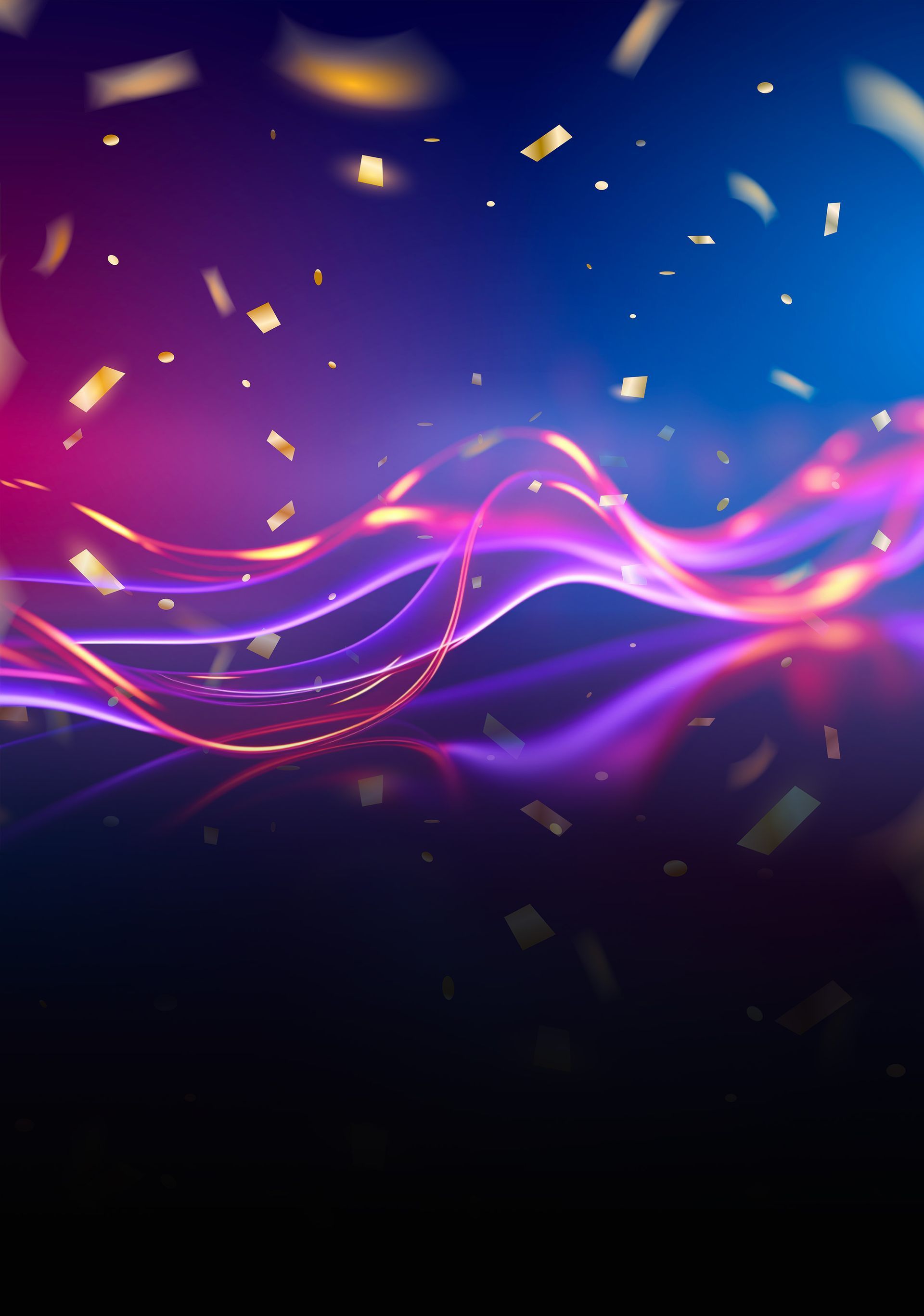 a purple and blue background with confetti falling from the sky