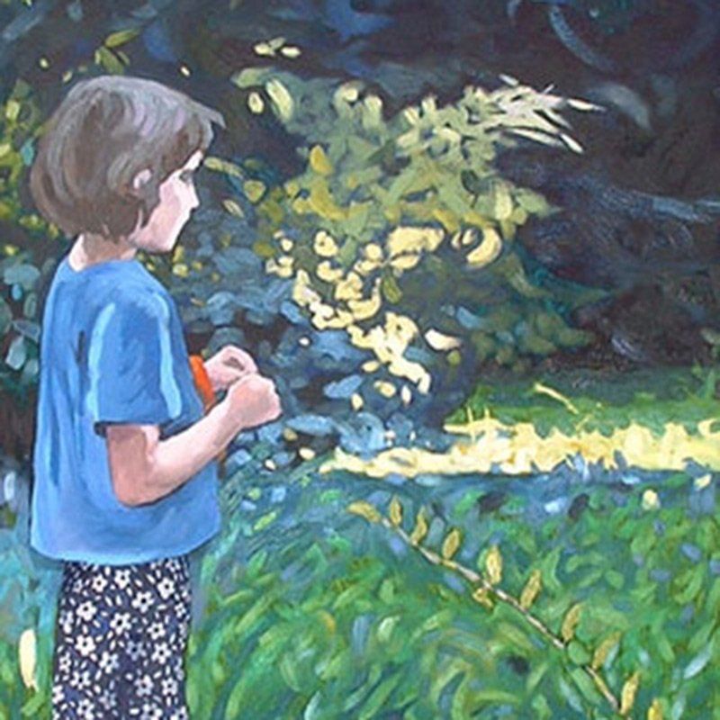 Ein Gemälde von einem Jungen in einem blauen Hemd, der im Gras steht