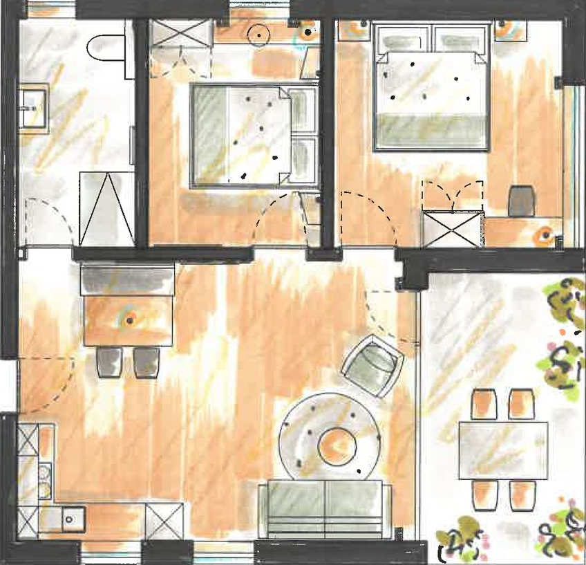 Eine Zeichnung eines Schlafzimmers mit einem Bett und einer Bank.