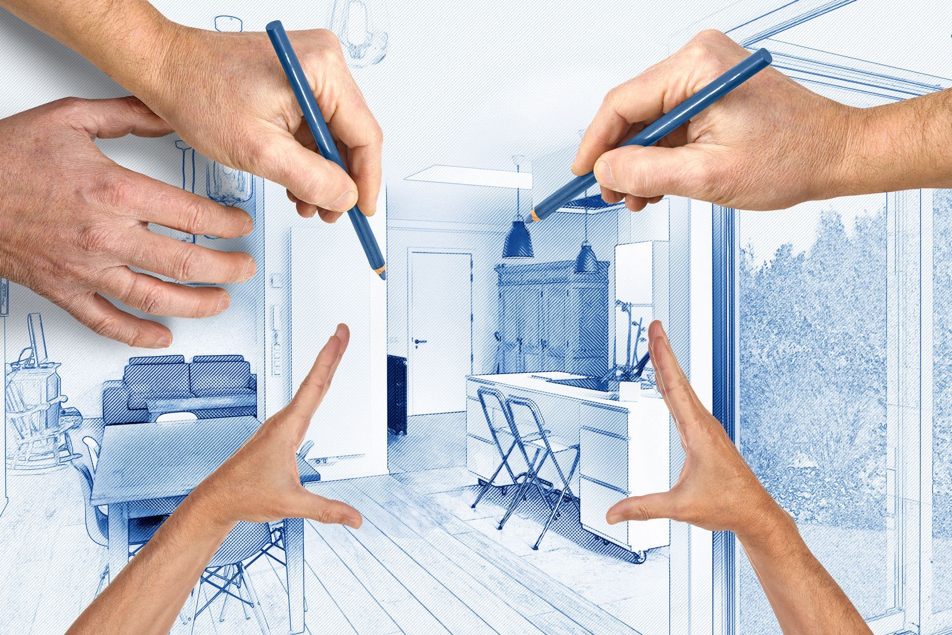 Bright white kitchen with stainless steel appliances, granite countertops, and two crystal pendant lights. Bright white kitchen with stainless steel appliances, granite countertops, and two crystal pendant lights.
