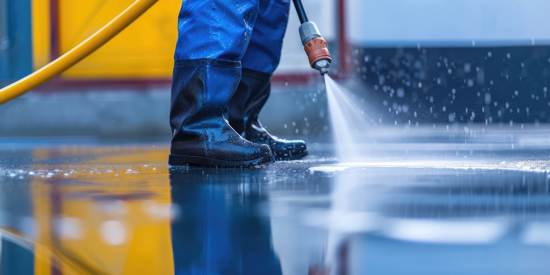 A person is spraying water on a wet floor with a hose.