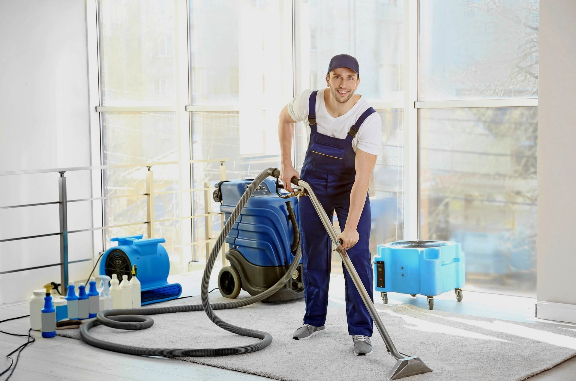 A man is cleaning a carpet with a vacuum cleaner.