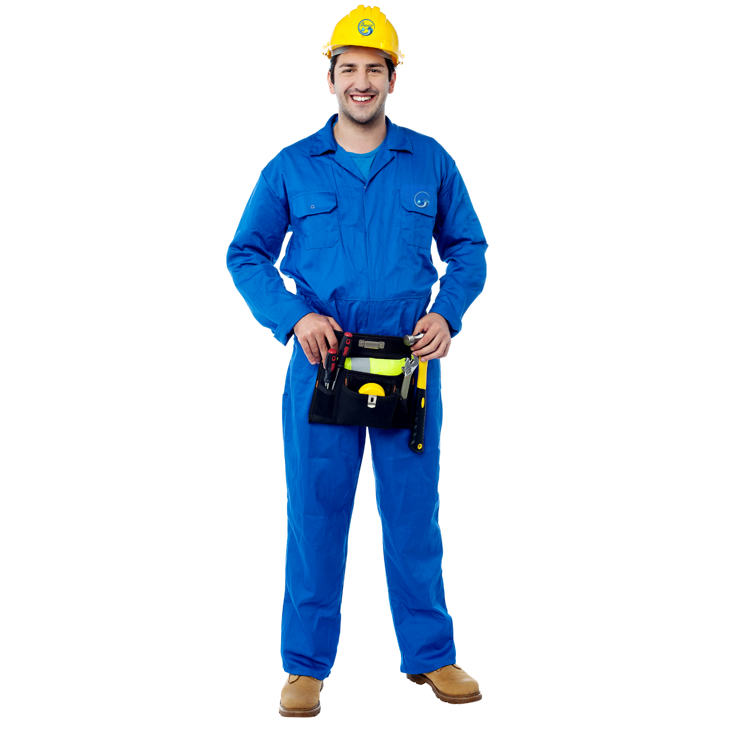 Trabalhador da construção civil sorridente, de macacão azul, segurando um cinto de ferramentas.