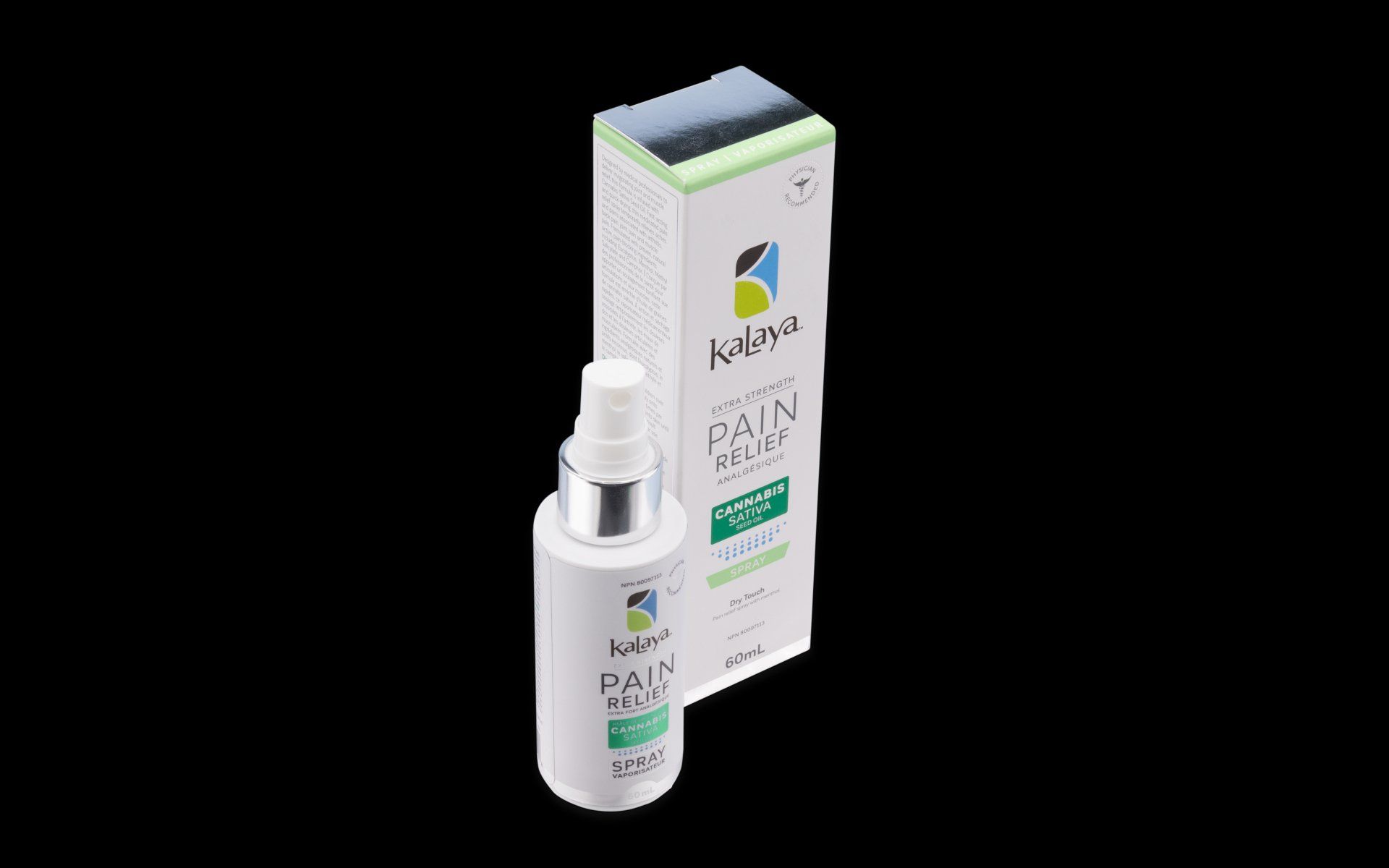 A bottle of pain relief spray next to a box on a black background.